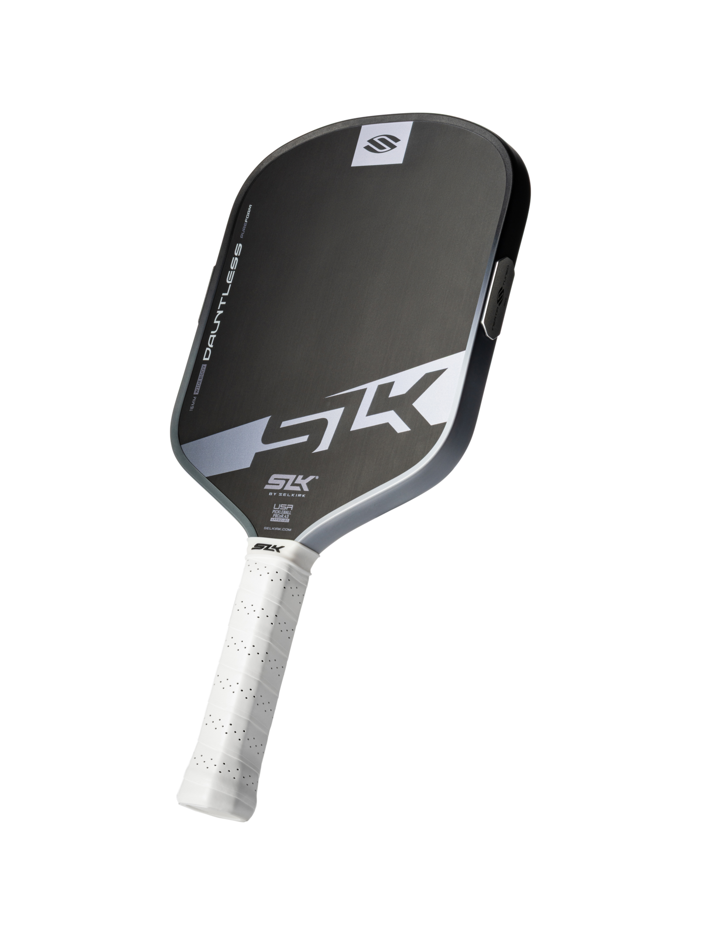 The Selkirk SLK Dauntless Widebody 16mm Pickleball Paddle features a black and gray design with a white grip, SK logo, and "Dauntless" on the face.