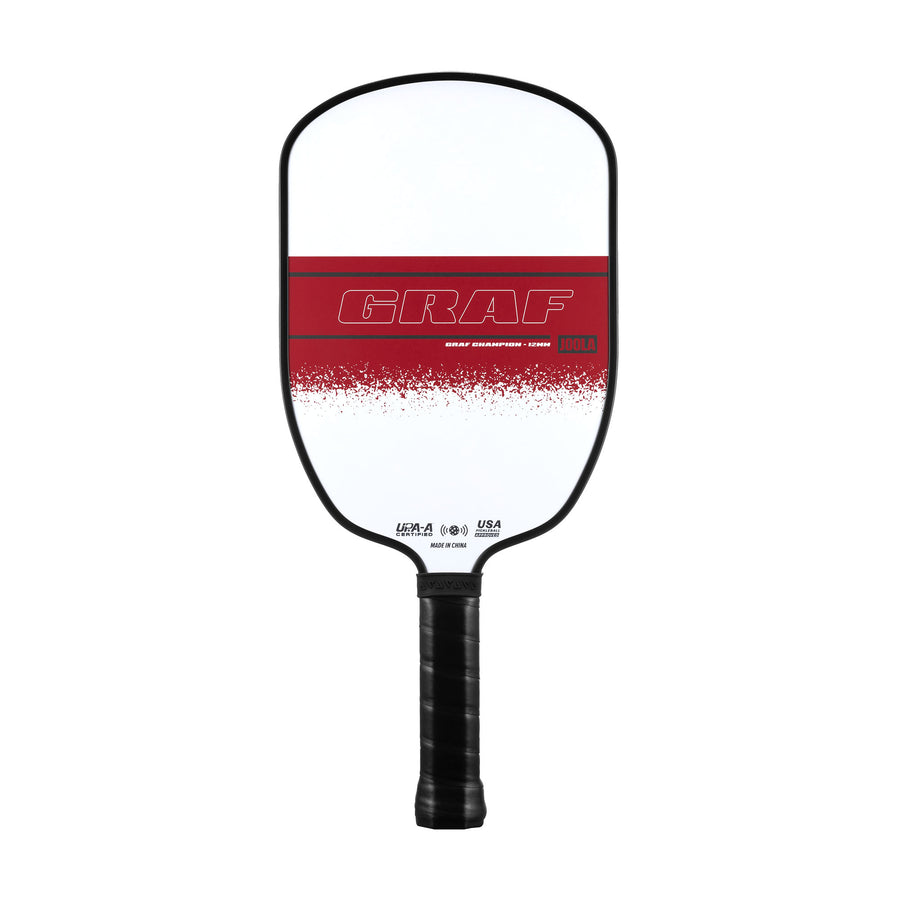 The JOOLA Steffi Graf Champion 12mm Pickleball Paddle features a red and white design with a black handle and "GRAF" prominently printed on the front.