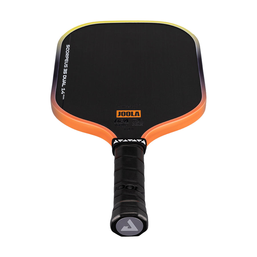 A black Pickleballist JOOLA Scorpeus 3S Dual 14mm Pickleball Paddle with an orange edge and Carbon Friction Surface is shown with the handle facing forward.