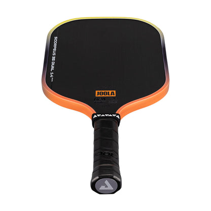 A black Pickleballist JOOLA Scorpeus 3S Dual 14mm Pickleball Paddle with an orange edge and Carbon Friction Surface is shown with the handle facing forward.