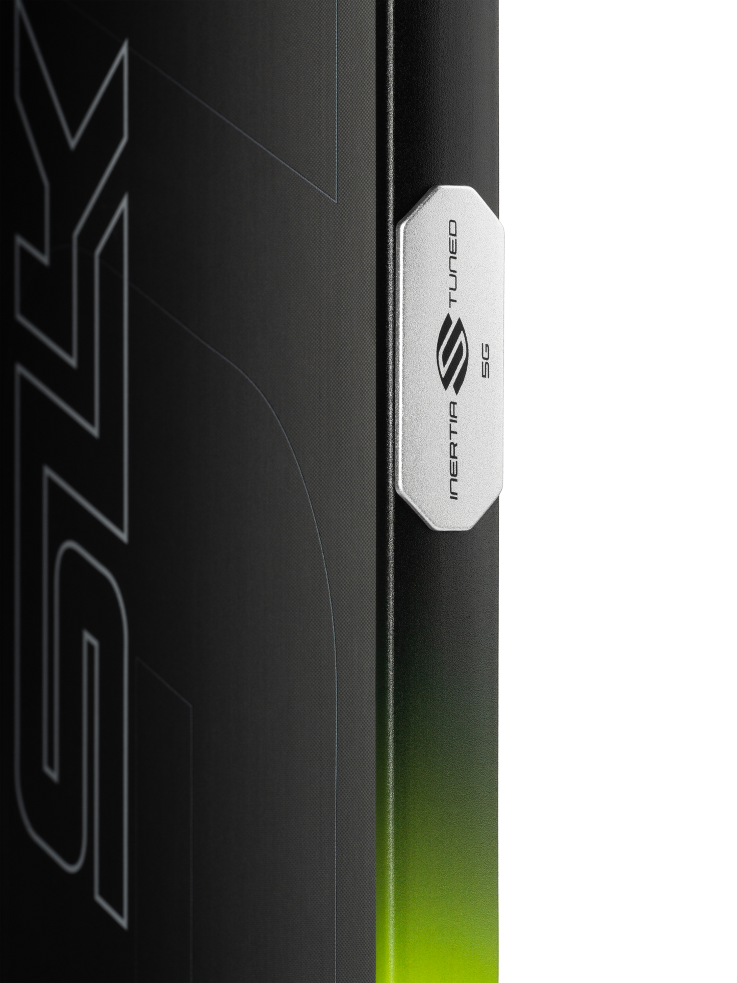 Close-up of the Selkirk SLK GEO Widebody 14mm Pickleball Paddle, a black design with a metallic badge reading "INCRA TUNED 5G," a stylized "S" logo, and subtle neon green edging—showcasing Selkirk’s signature style.