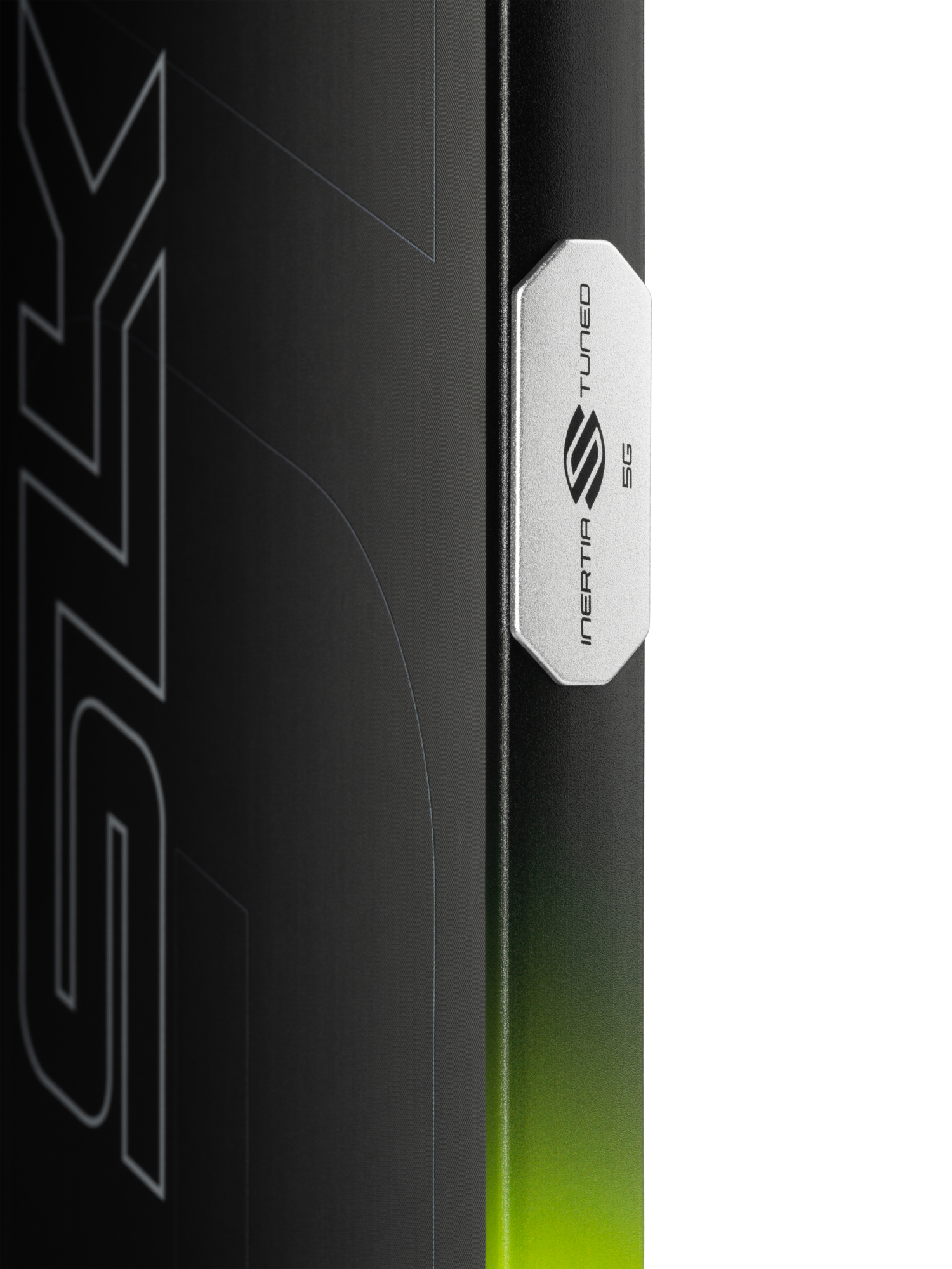 Close-up of the Selkirk SLK GEO Widebody 14mm Pickleball Paddle, a black design with a metallic badge reading "INCRA TUNED 5G," a stylized "S" logo, and subtle neon green edging—showcasing Selkirk’s signature style.