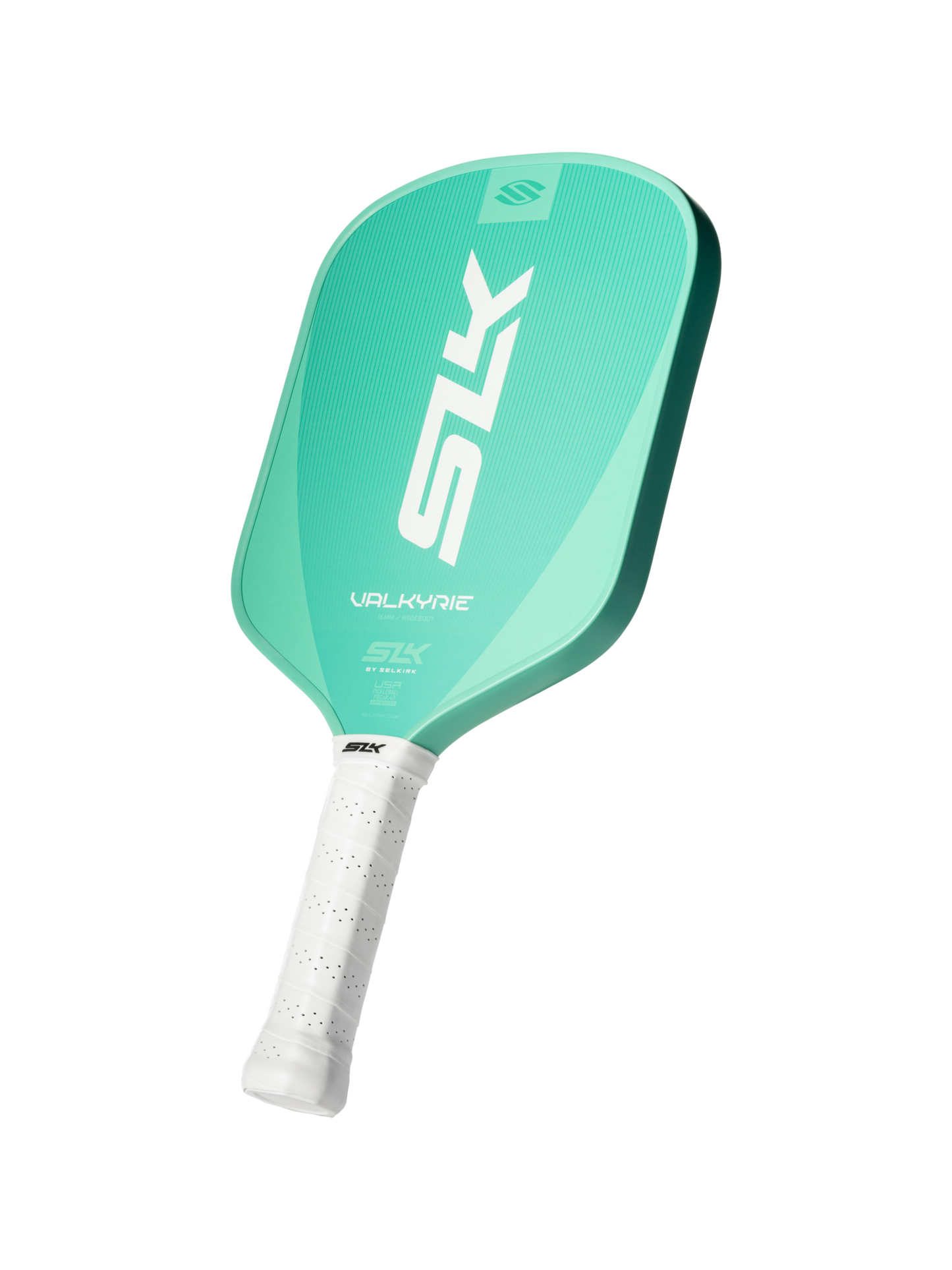 The Selkirk SLK Valkyrie Widebody 16mm Pickleball Paddle in teal features a white grip and is shown against a plain white background.