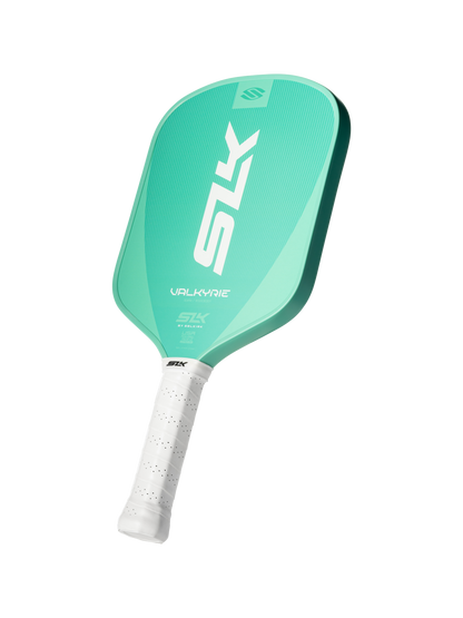 The Selkirk SLK Valkyrie Widebody 16mm Pickleball Paddle in teal features a white grip and is shown against a plain white background.
