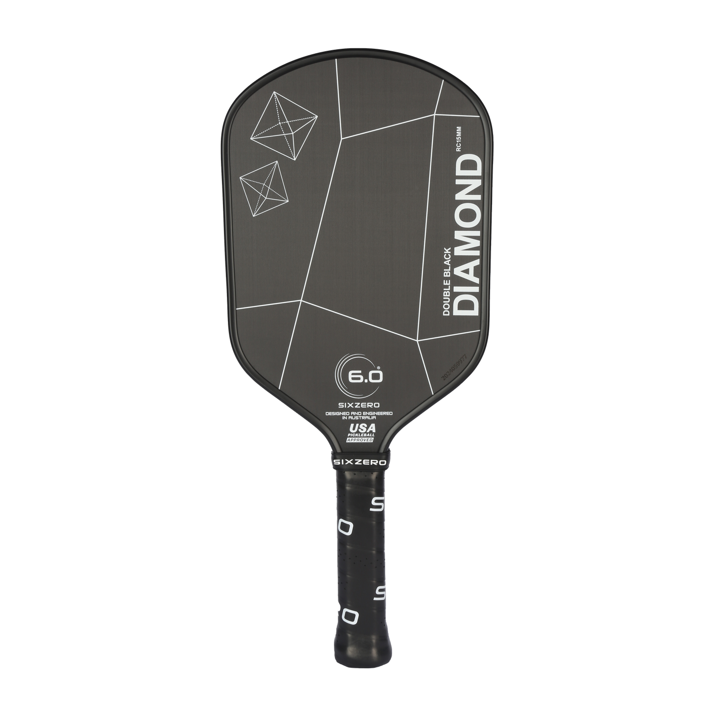 A Six Zero Double Black Diamond Elongated (DBDe) 15mm Pickleball Paddle with the label "Double Black Diamond" on its face. The handle features a grip with white lettering, and the paddle surface showcases geometric designs and specifications.