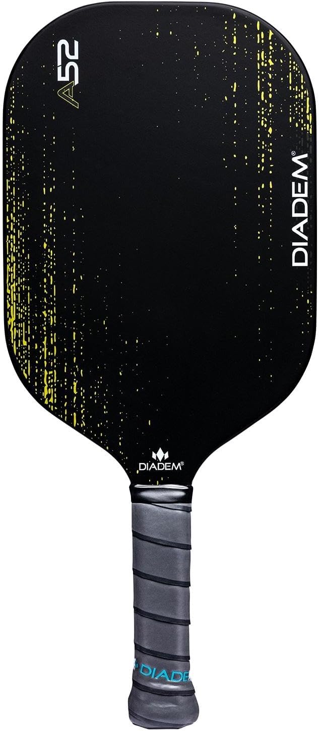 Diadem A52 Pickleball Paddle with yellow streak patterns, labeled "Diadem" and "Astra A52." The handle is wrapped in black and blue grip tape.