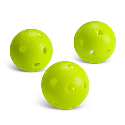 The BZER Mini Training Pickleball set by Bzer Sports includes 3 bright yellow balls with circular holes, arranged on a white background—ideal for pickleball training and boosting hand-eye coordination.