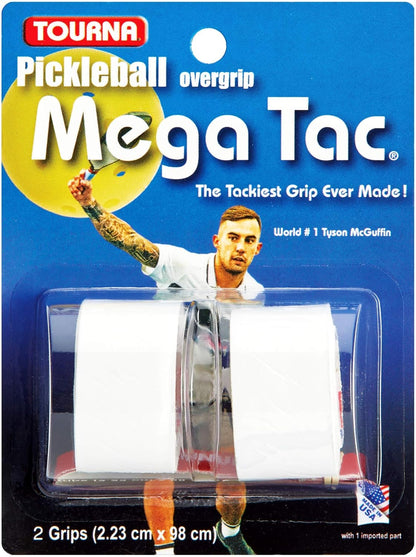 Packaging of Tourna Pickleball MEGA TAC® Overgrip Grip Tape - 2 Pack featuring two grips (2.23 cm x 98 cm) and an image of a player on blue background. Text reads "The Tackiest Grip Ever Made!" and "World #1 Tyson McGuffin.