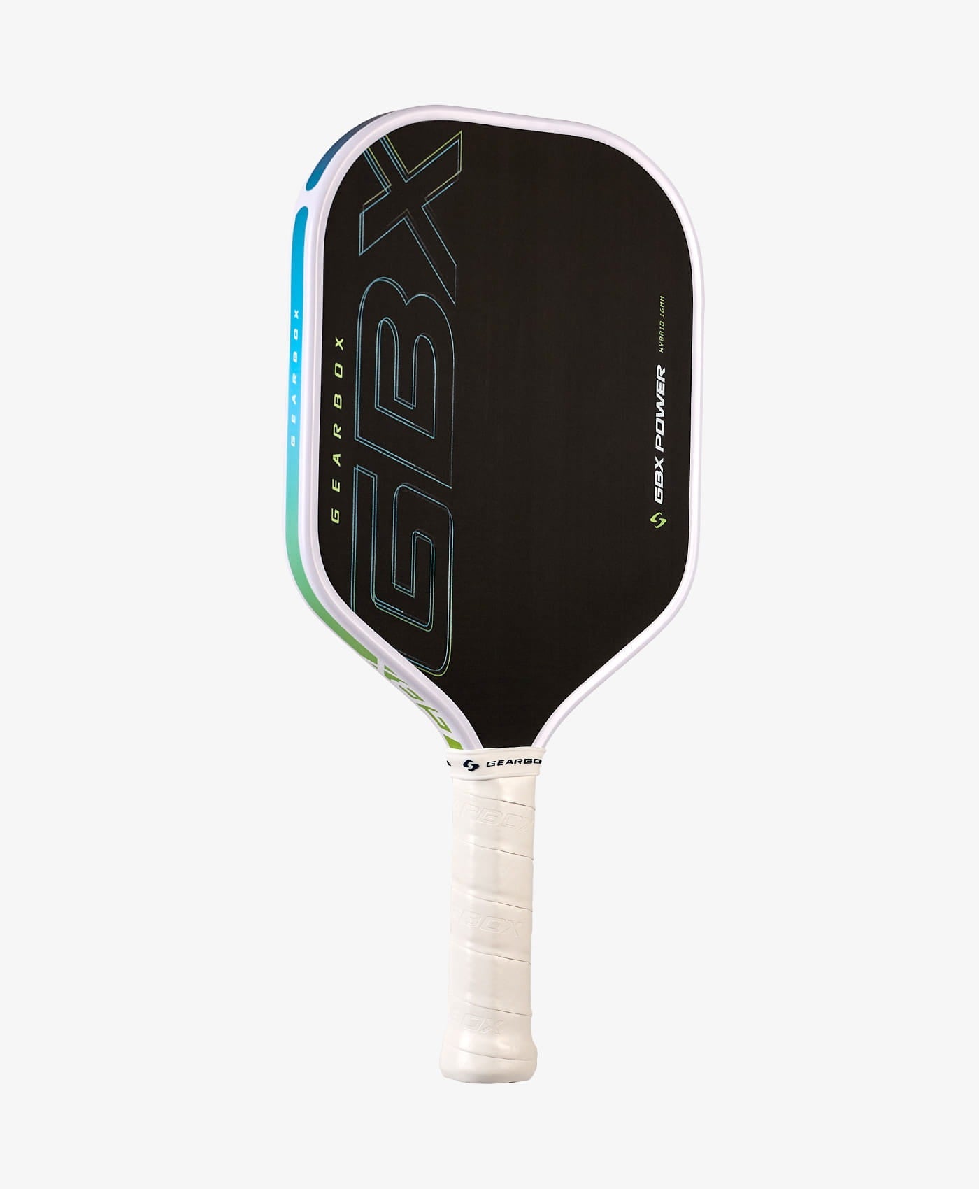 The Gearbox Sports GBX Power Hybrid - 16mm Gen-3 Honeycomb paddle features a black face with blue and green accents, white handle, large "GBX" lettering, and a honeycomb core, shown on a white background.