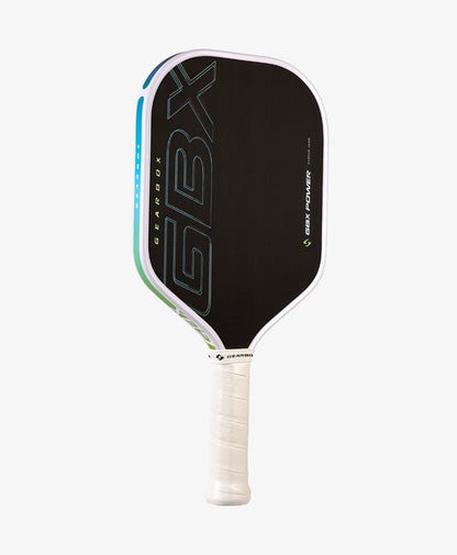 The Gearbox Sports GBX Power Hybrid - 16mm Gen-3 Honeycomb paddle features a black face with blue and green accents, white handle, large "GBX" lettering, and a honeycomb core, shown on a white background.
