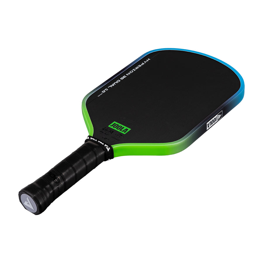 The JOOLA Hyperion 3S Dual 16mm Pickleball Paddle features a black design with green and blue edging, a black grip, and the “JOOLA” logo near the handle.