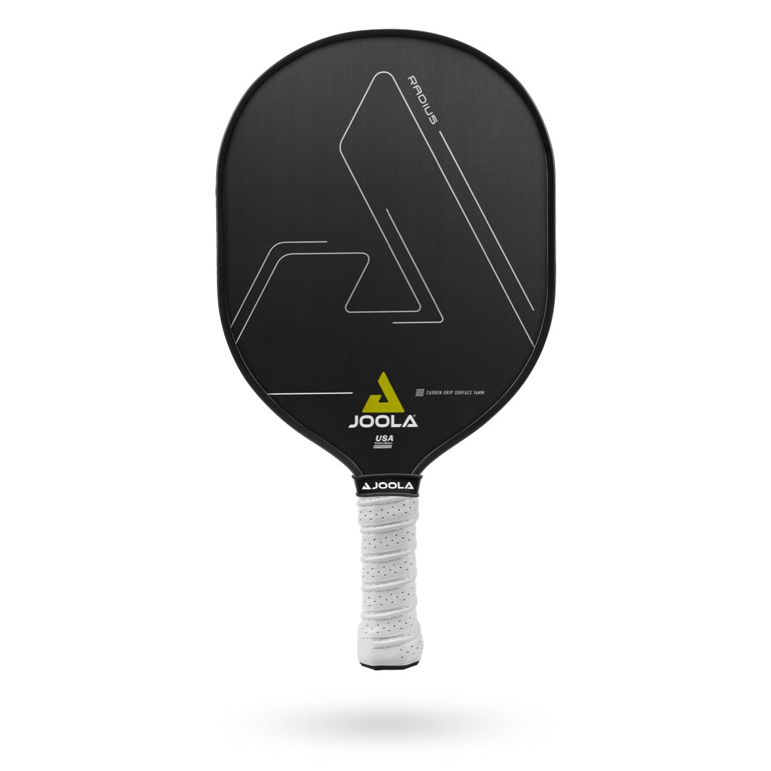 A black and yellow JOOLA paddle with EDGE-SHIELD PROTECTION on a white background.