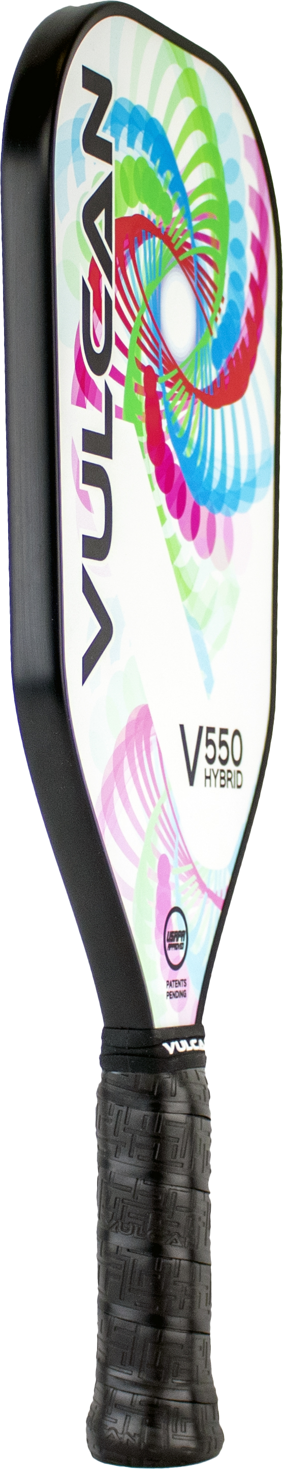 The Vulcan V550 Elongated Pickleball Paddle is a black and white disc with a colorful design on it.