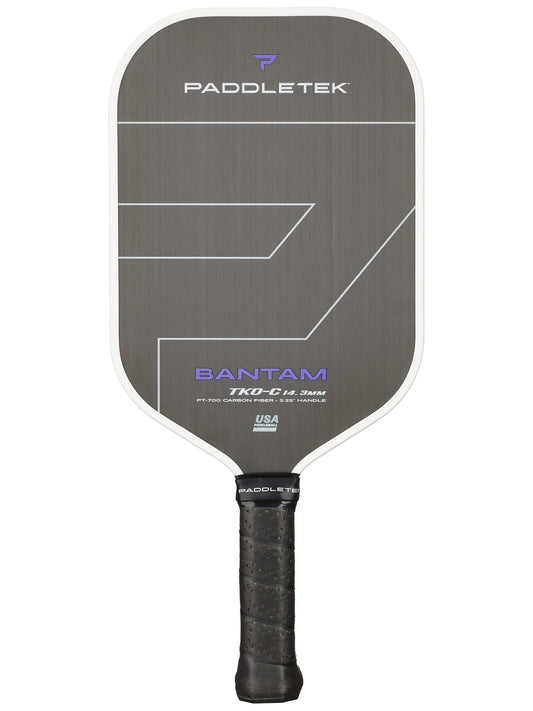 Paddletek Bantam TKO-C 14.3mm Carbon Fiber Pickleball Paddle with a gray face, geometric design, and black grip.