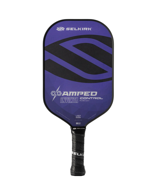 A purple and black Selkirk AMPED Control Invikta 16mm Pickleball Paddle with the words "Amped Control Invicta" on the face.