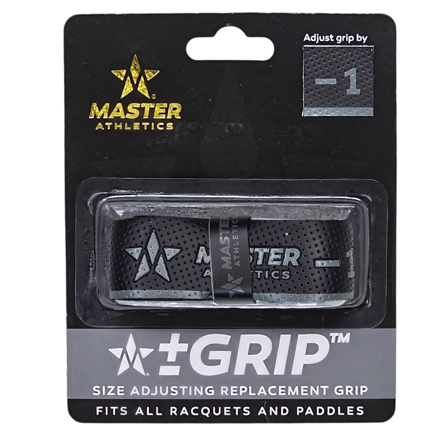 Packaging of the Master Athletics +-Grip™ Size Adjusting Replacement Grip Pickleball Grips shows adjustable sizing by -1.