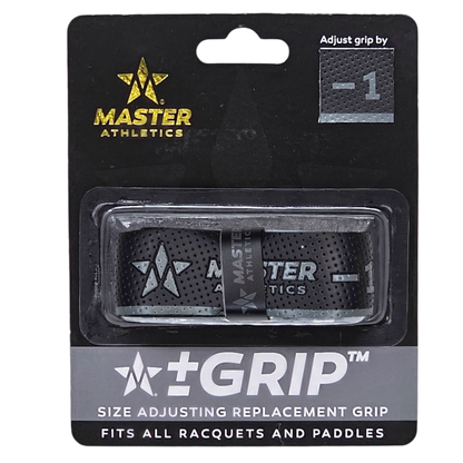 Packaging of the Master Athletics +-Grip™ Size Adjusting Replacement Grip Pickleball Grips shows adjustable sizing by -1.