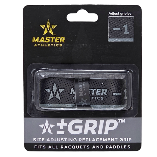 Packaging of the Master Athletics +-Grip™ Size Adjusting Replacement Grip Pickleball Grips shows adjustable sizing by -1.