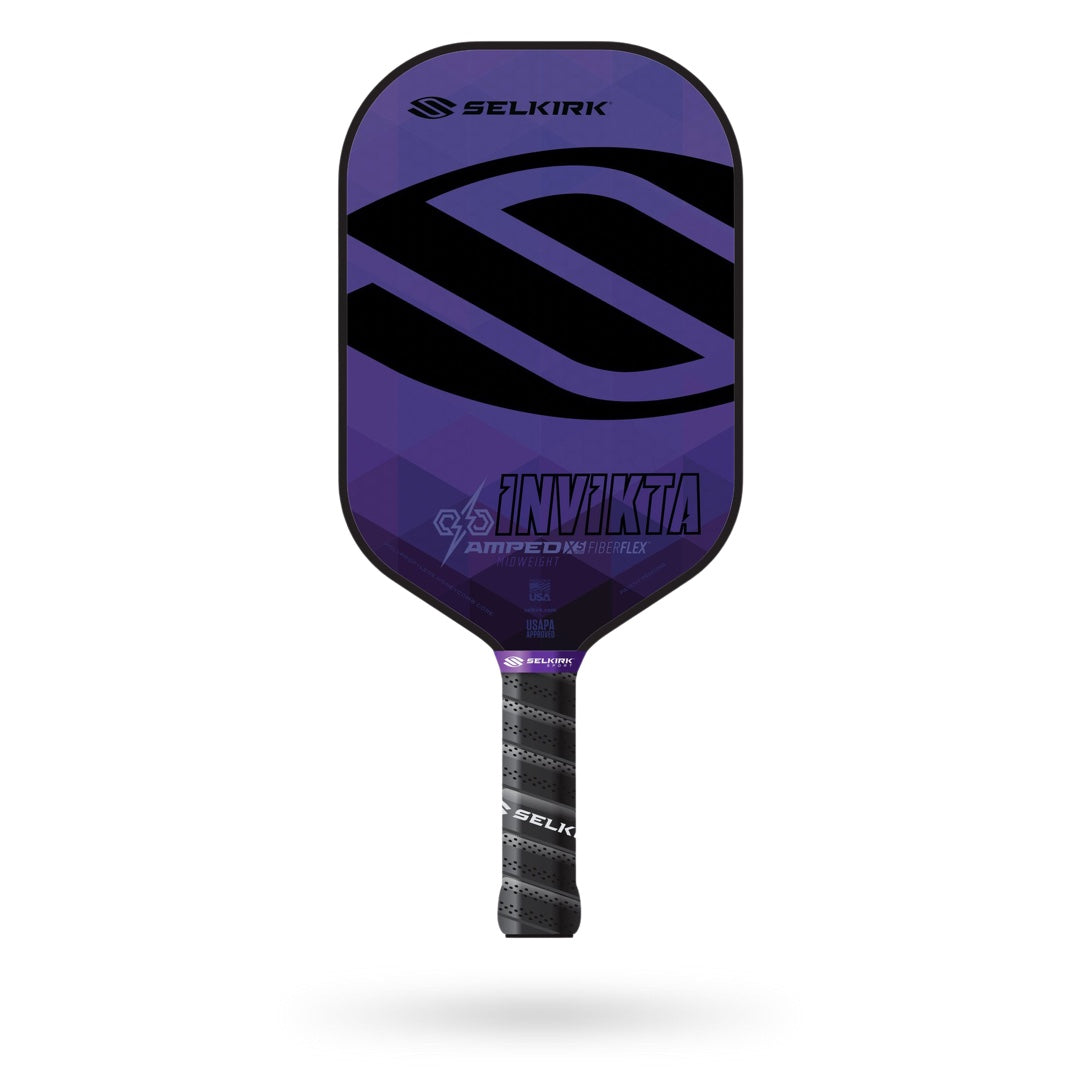A purple and black Selkirk Amped Invikta Pickleball Paddle on a white background.
