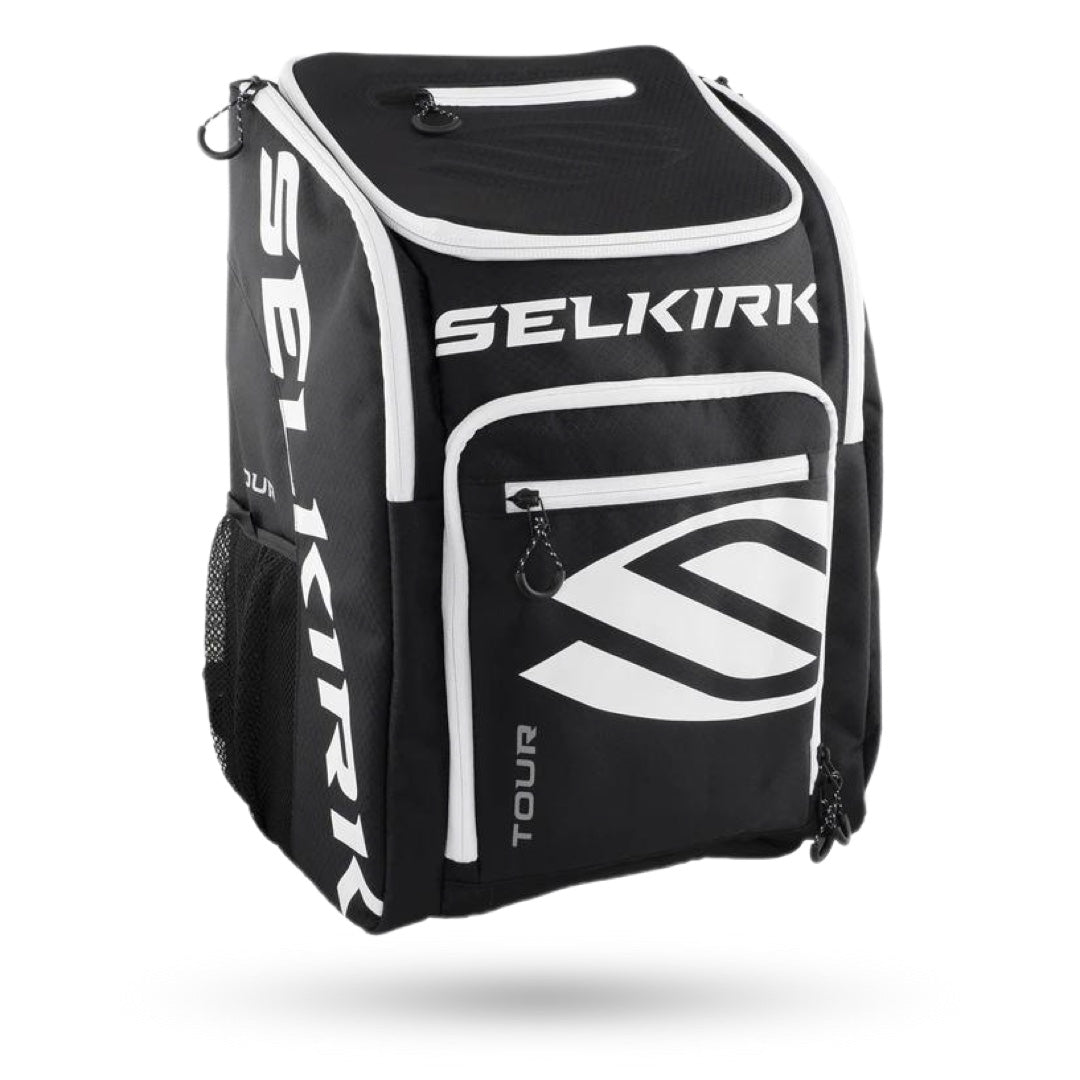 A black and white Selkirk Tour Backpack (2021) Pickleball Bag with the word Selikr on it.