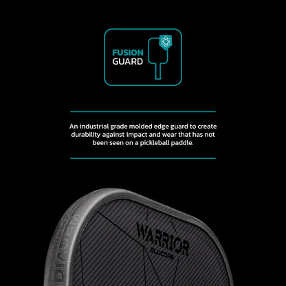 Close-up of the Diadem Warrior BluCore Pro Elongated 16mm Pickleball Paddle by Diadem, featuring an industrial-grade molded edge guard for enhanced durability against impact and wear.