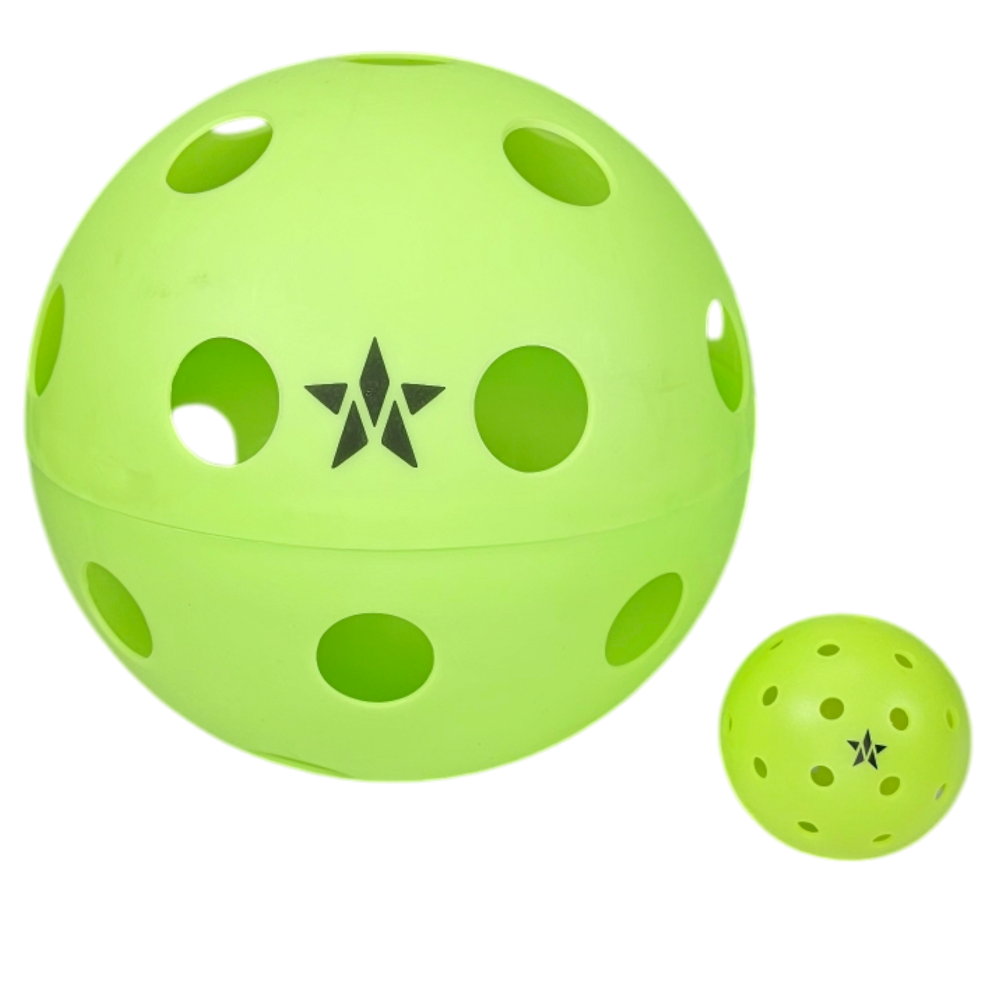 Two green Master Athletics pickleball balls with holes: the larger features a black star logo and the smaller has a similar one.