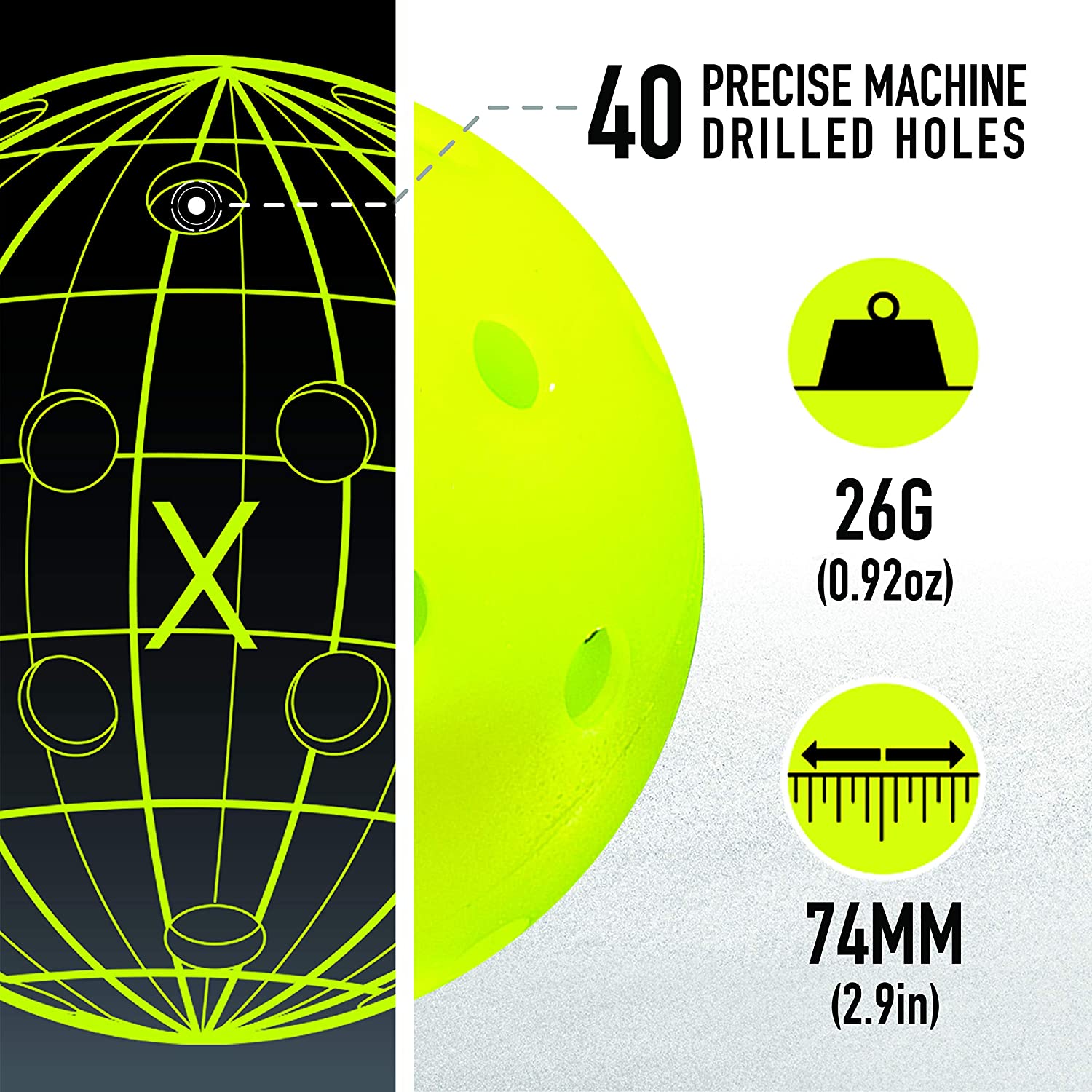 A diagram showing the dimensions of a Franklin X-40 Outdoor Pickleball Ball.