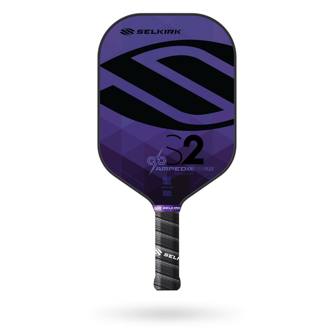 A Selkirk Amped S2 Pickleball Paddle in purple and black on a white background.