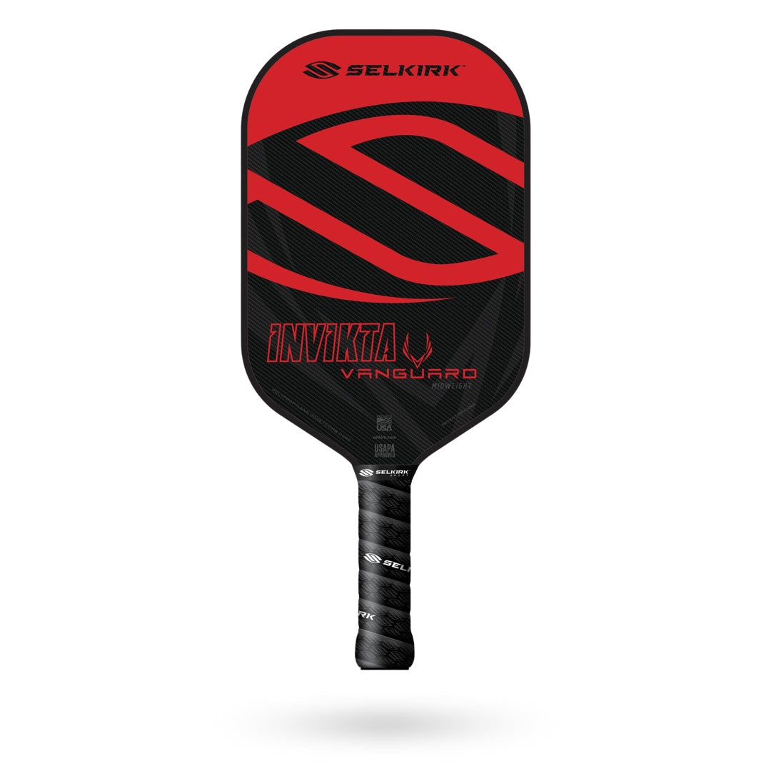 A red and black Selkirk Vanguard Invikta Pickleball Paddle on a white background.