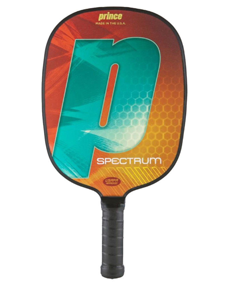 A Prince Spectrum Pickleball Paddle with an orange and blue design and customizable grip size.
