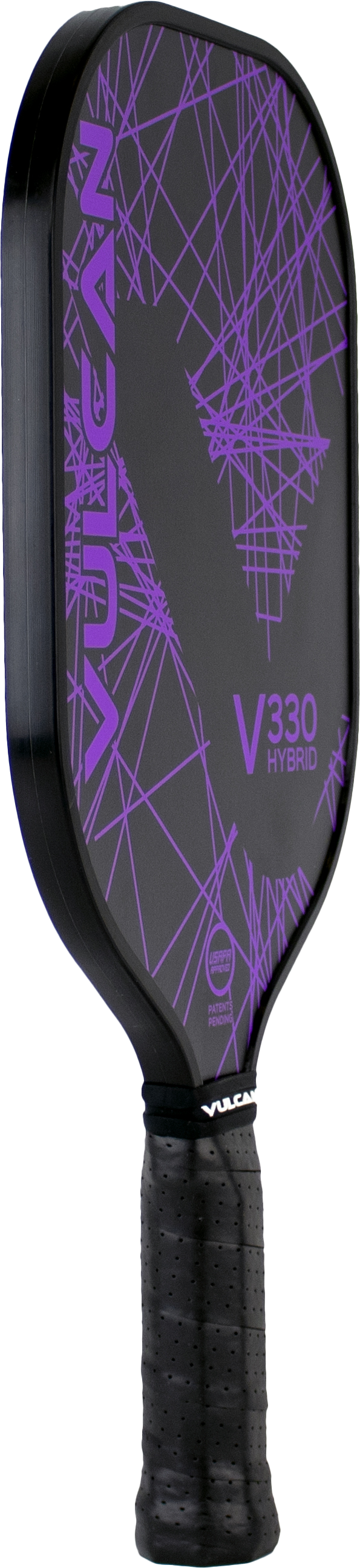 A purple and black Vulcan V330 Pickleball Paddle with the word Vulcan on it.