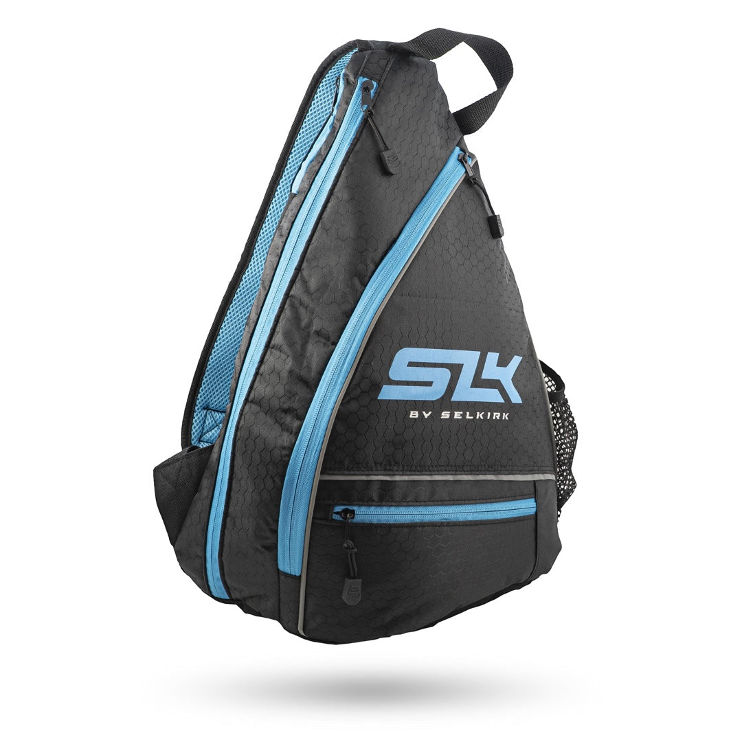 A black and blue Selkirk SLK Sling Bag Pickleball Bag with the word Selkirk on it.