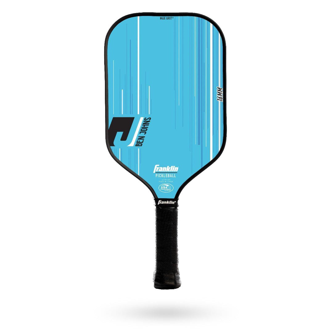 A paddle with a blue and black design.