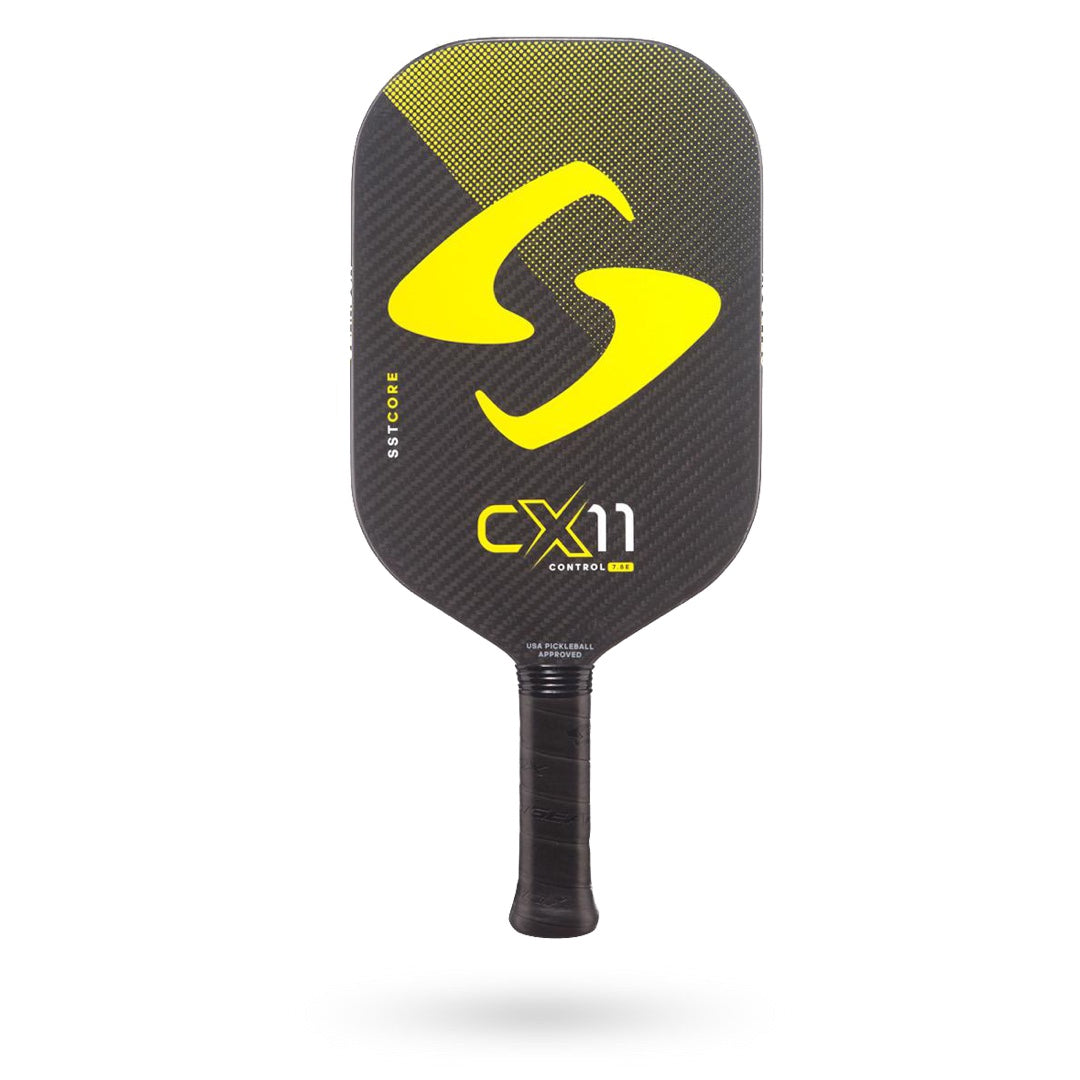 A Gearbox CX11 Elongated Pickleball Paddle with a yellow and black logo on it.
