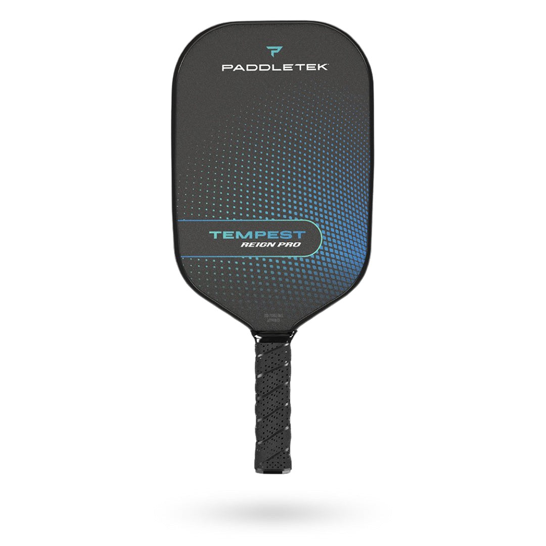 A powerful Paddletek Tempest Reign Pro Pickleball Paddle with a black and blue handle.