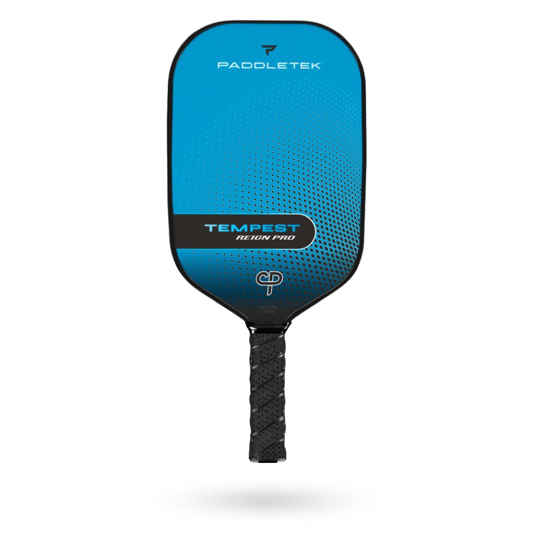 The Paddletek Tempest Reign Pro pickleball paddle is a powerful combination of blue and black.
