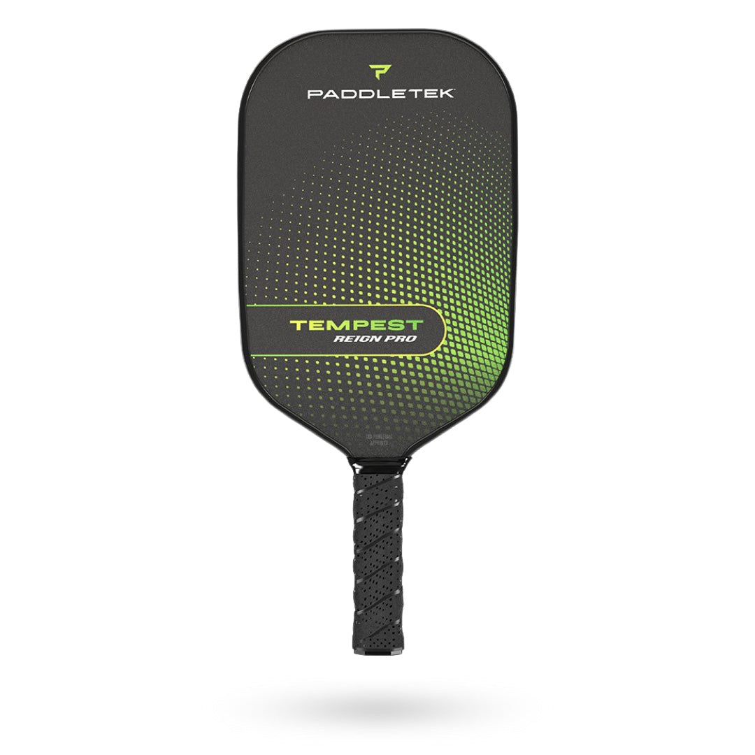 A Paddletek Tempest Reign Pro Pickleball Paddle with a black handle and a green handle, suitable for power play.
