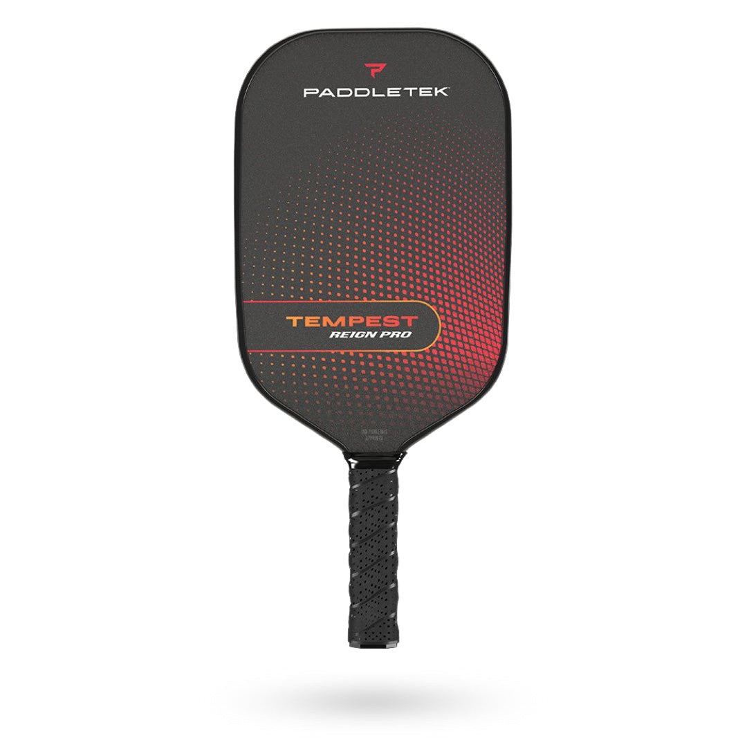 A powerful Paddletek Tempest Reign Pro Pickleball Paddle with a red and black handle.