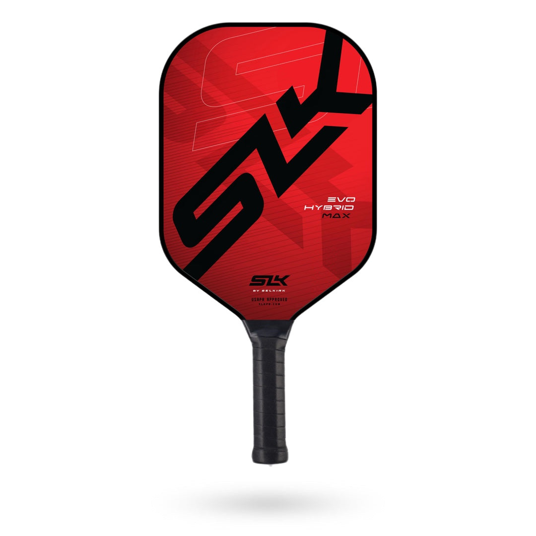 A red and black paddle with the word Selkirk SLK Evo Hybrid Max on it.