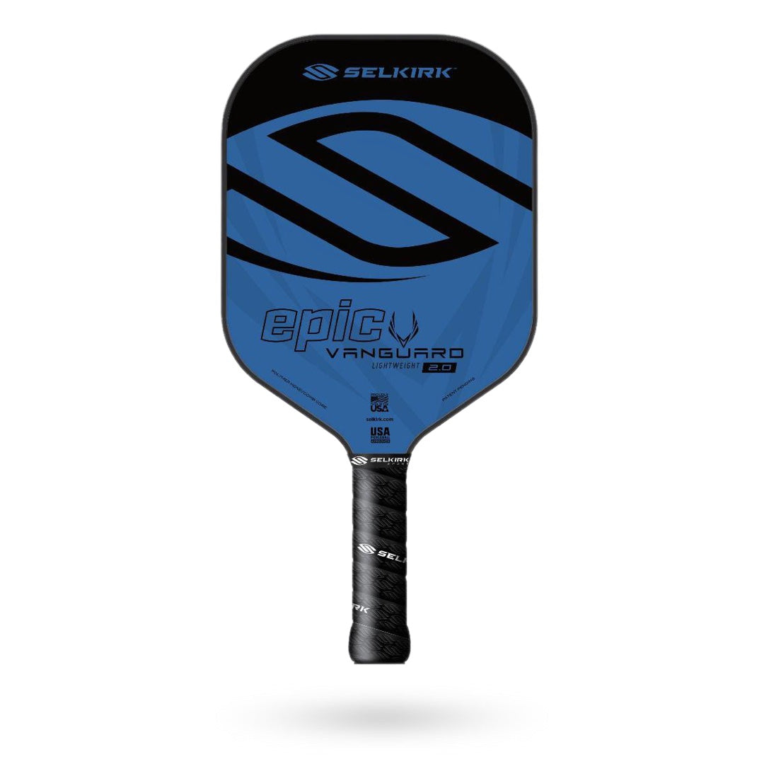 A Selkirk Vanguard Epic Pickleball Paddle in blue and black on a white background.