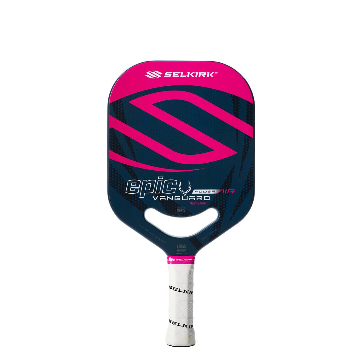 A Selkirk Power Air Epic Pickleball Paddle with a pink and black design.