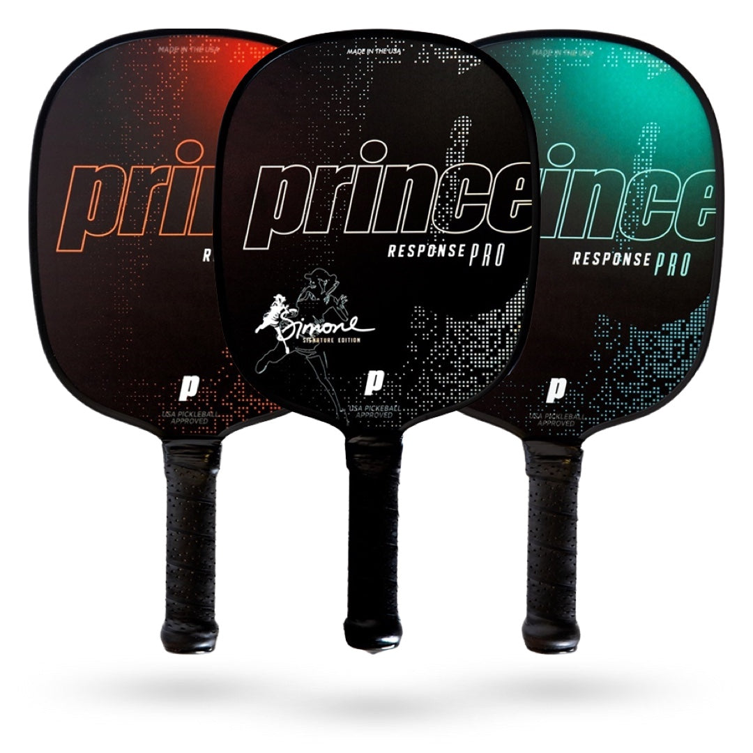Three Prince Response Pro Pickleball Paddles with the word Prince on them.