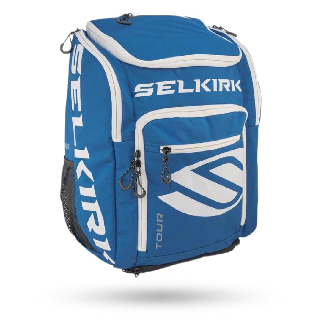 The Selkirk Tour Backpack (2021) Pickleball Bag is blue and white.